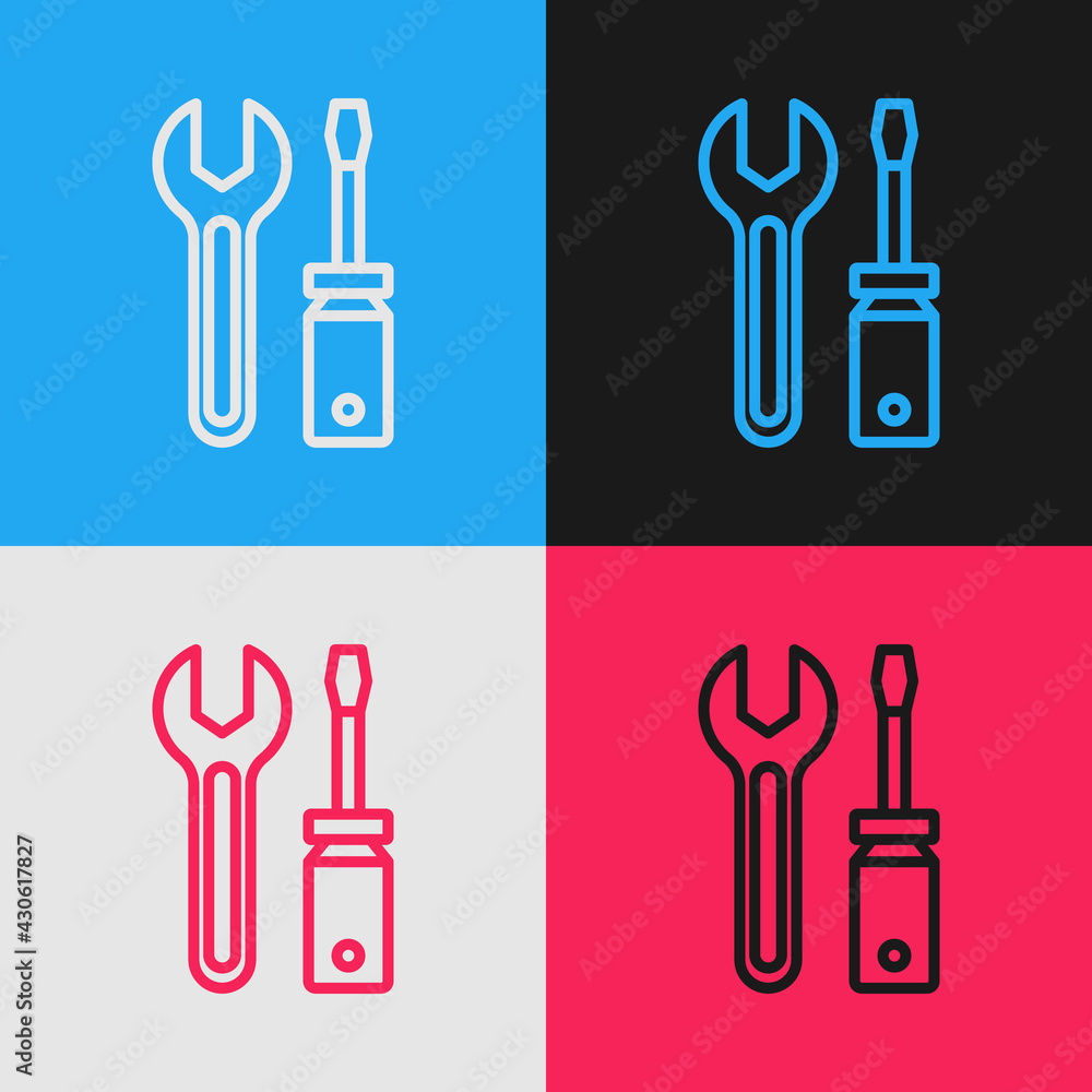 Poster pop art line screwdriver and wrench spanner tools icon isolated on color background. service tool sy