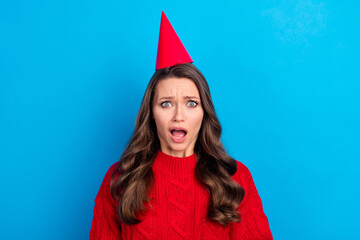 Portrait of impressed unsatisfied person wear part hat open mouth staring isolated on blue color...