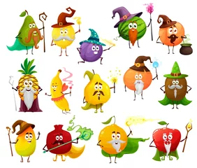 Fotobehang Fruit magician, witch, wizard and fairy cartoon characters with vector magic wands, staff, hats and potion cauldron. Funny apple, mango, orange and pineapple, banana, plum, peach, lemon and avocado © Vector Tradition