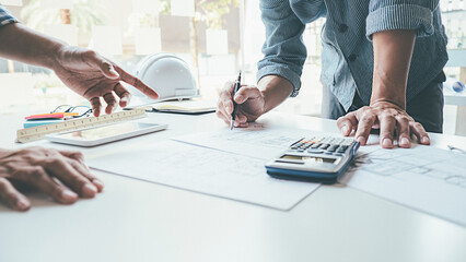 Architect Engineer Design Working on Blueprint Planning Concept. Construction Concept