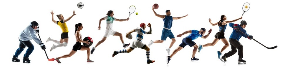 Collage of different professional sportsmen, fit people in action and motion isolated on white background. Flyer.