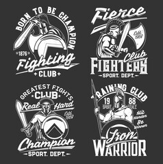 Obraz premium Gladiator knight warrior with sword and shield, t-shirt print sport team emblem, vector mockup. Heraldic medieval knight guardian in iron armor and helmet, victory fighting quotes for t-shirt print