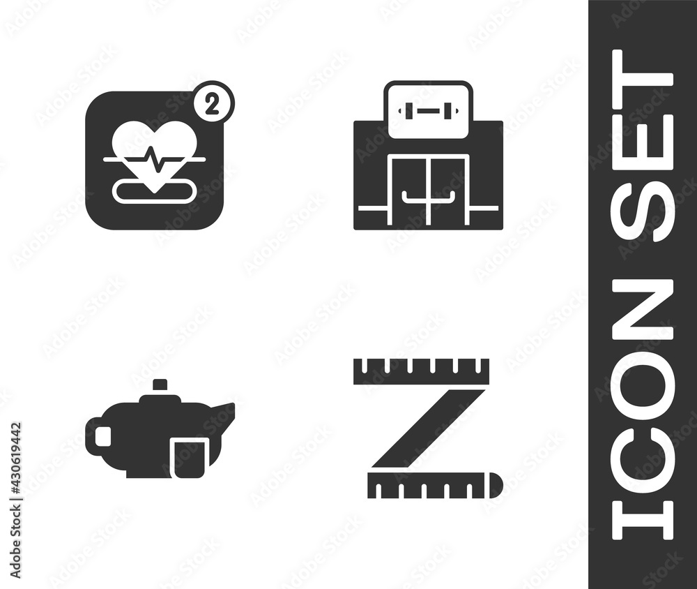 Sticker Set Tape measure, Mobile with heart rate, Teapot cup and Gym building icon. Vector