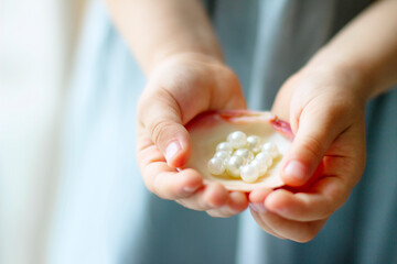 Children's hands hold oyster shell with pearls	