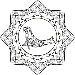 Ornamental Fur seal in yoga pose with double exposure in the form of a landscape. Ornament mandala.
