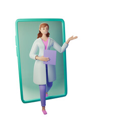 3d render the doctor woman comes out of the smartphone and shows. Applications for smartphones in the field of healthcare. The concept of online medical consultation
