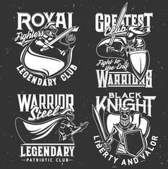 Warrior knight in armor t-shirt print royal club of fighters, vector heraldic icon. Medieval knight warrior with shield and sword, legendary patriotic club emblem for t shirt print mockup - obrazy, fototapety, plakaty