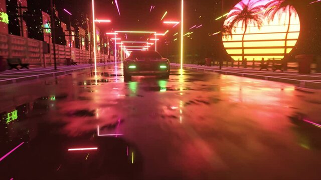 Car and city in neon cyberpunk style. 80s retrowave background 3d animation. Retro futuristic car drive through neon city.