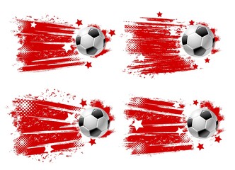 Football ball banners, soccer championship and cup match goal, vector halftone splash backgrounds. Soccer or football club and team league emblem badges with ball flying with red stars