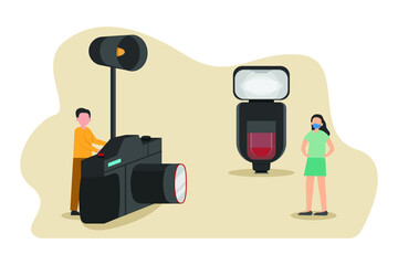 Photography vector concept: Male photographer taking photo model in the studio while wearing face mask in new normal