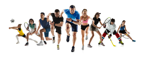 Collage of different professional sportsmen, fit people in action and motion isolated on white background. Flyer.