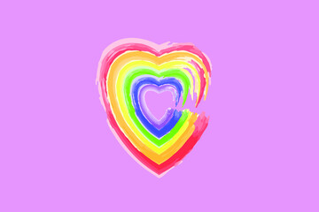 Illustration of a watercolor heart with multiple colors stacked on a pink background, LGBTQ rainbow.