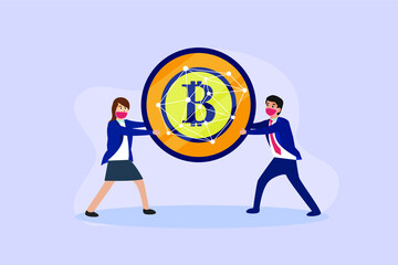 Cryptocurrency vector concept. Businesswoman and businessman competing to take bitcoin