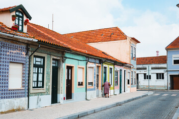View on the typical beautiful old facades buildings  in Aveiro city in Portugal