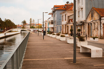 View on the typical beautiful old facades buildings  in Aveiro city in Portugal