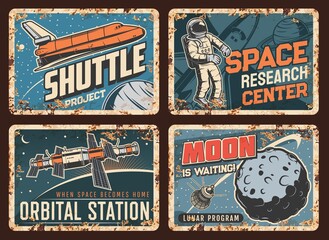 Space exploration shuttle, orbital station and satellite, lunar program rusty vector plates. Spaceship rocket and astronaut in outer space, artificial satellite flying around Moon © Vector Tradition