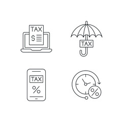 Tax Service linear icons set. Taxation. Thin line customizable illustration. Contour symbol. Vector isolated outline drawing. Editable stroke