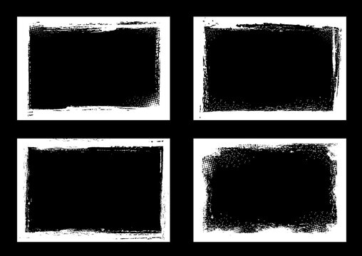 Grunge frames and borders, black and white halftone vector background. Grunge frame with rough texture edges, brush paint strokes and scratches, white dirt, splatter and chalk splash pattern