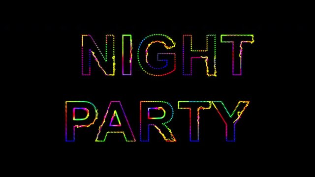 Dance party in 80s style. Party text with sound waves effect. Glowing neon lights. Retrowave and synthwave style. Intro text. Vj animation for night clubs, LED screens and projectors, music videos. 4k