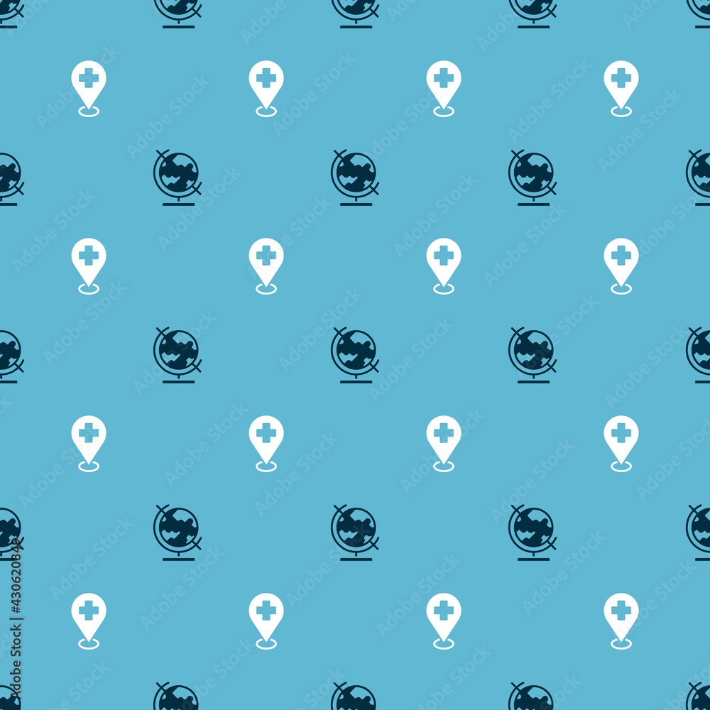 Poster set earth globe and medical location with cross on seamless pattern. vector