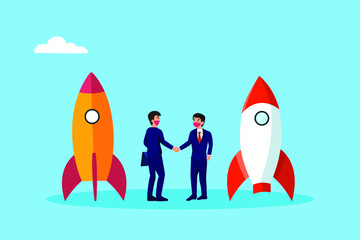 Merger and Acquisition vector concept. Businessmen shaking hands together with startup rocket background