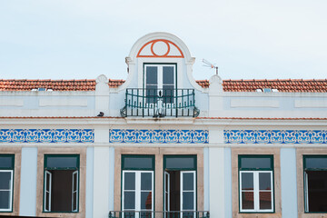 View on the beautiful old facades buildings in Art Nouveau architectural style in Aveiro city in Portugal