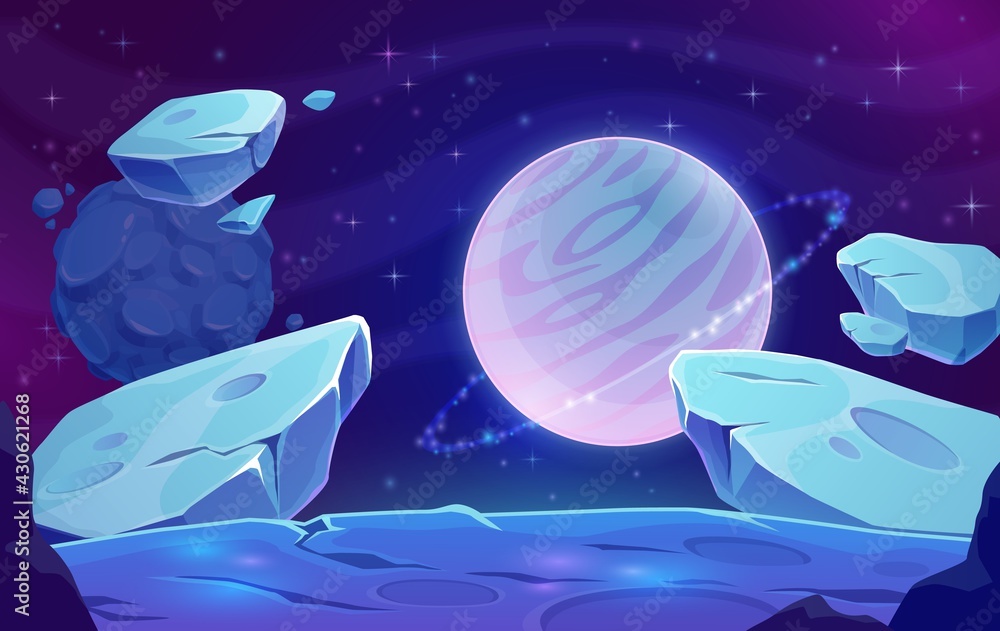Poster planets and asteroids in outer space, galaxy fantasy world background. ice or water planet with ring