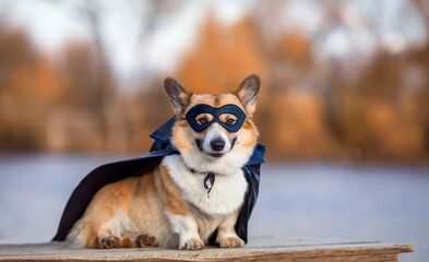 corgi dog in a superhero carnival costume in a black mask and raincoat sitting on the shore and...