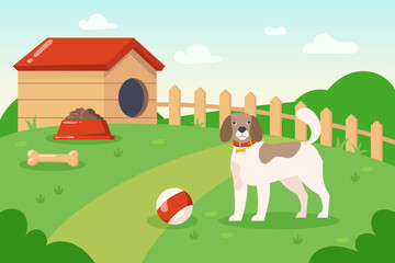 Dog playing with ball outside near dog house illustration. Cartoon domestic animal with collar on hill, dog food in bowl and bone on grass, clouds on sky. Pets, domestic animals concept