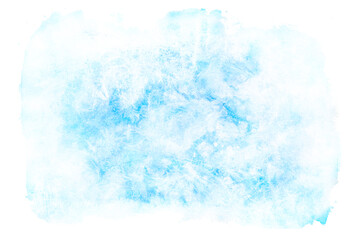 Winter watercolor background. Abstract blue spot with snowy edges.