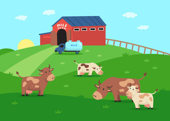 Milk farm with happy cow characters eating grass illustration. Farm domestic animals, milk truck, barn on hill. Farming, agriculture, milk production, dairy products concept