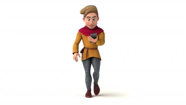Fun 3D cartoon medieval man walking with a smartphone