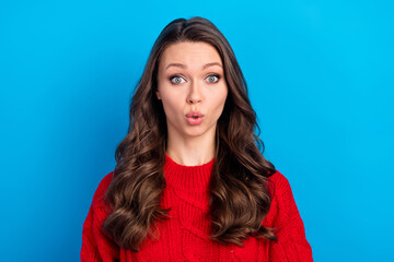 Fototapeta premium Portrait of attractive amazed girl pout lips incredible news reaction isolated over vibrant blue color background