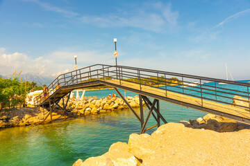 KEMER, TURKEY: View of a small bridge near the canal on the beach in Kemer.