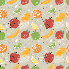 Abstract shameless pattern with fruits and berries. Abstract elements in memphis style. Apple, banana, strawberry, orange, lemon and lime in a modern style
