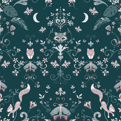 Vintage luxury floral seamless pattern. Forest animals raccoon, fox,  squirrel kids wallpaper. Dark green background