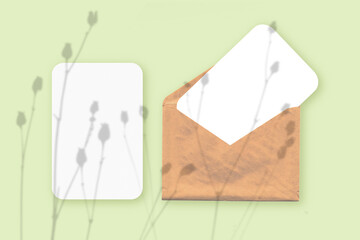 Mockup with an overlay of plant shadows on envelope with two sheets of textured white paper on a green table background. Horizontal orientation