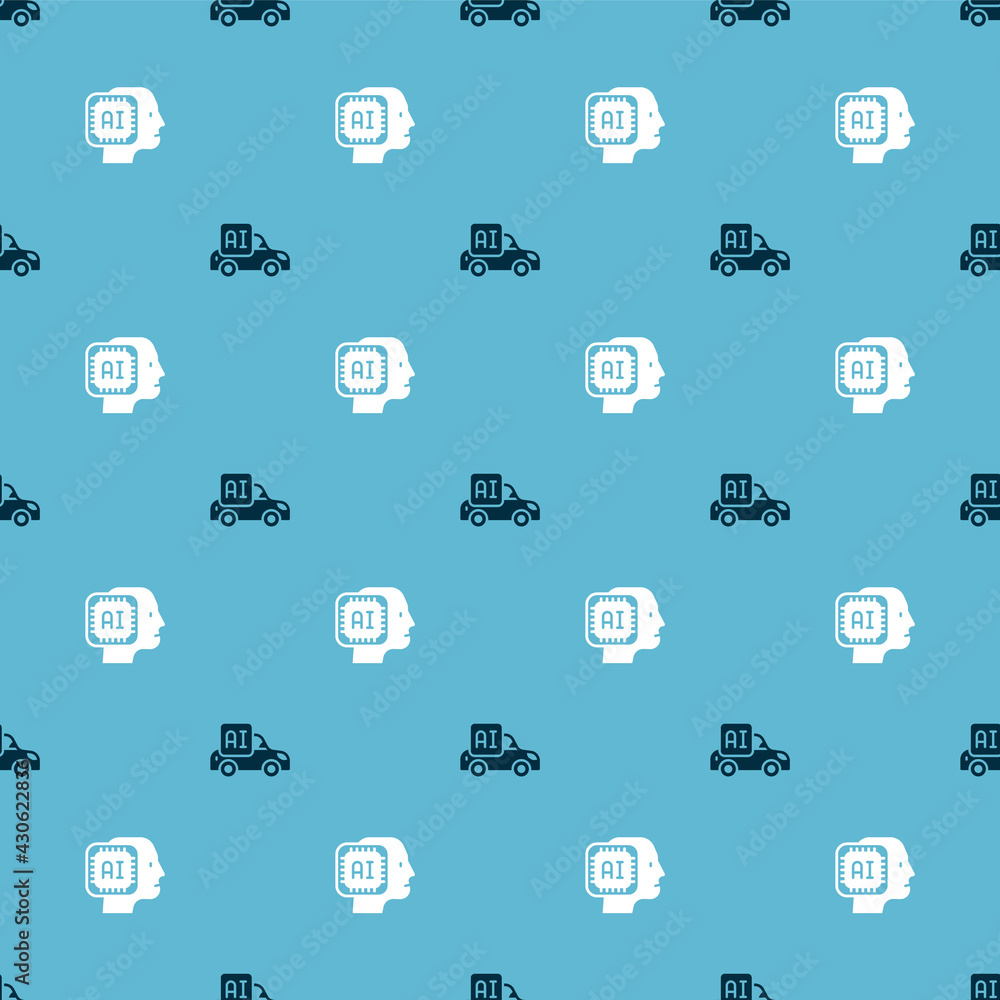 Poster set autonomous smart car and humanoid robot on seamless pattern. vector