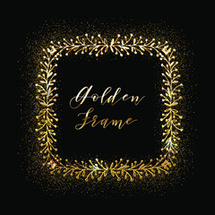 Fototapeta na wymiar Golden Glittering Frame A with Floral Hand Drawn Border. Wedding invitation and RSVP Laurel design.