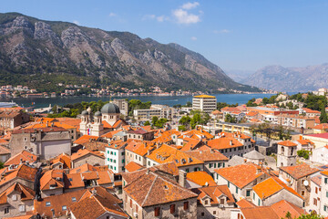 View of the city of Kotor from a high point on a sunny summer day. Montenegro 
