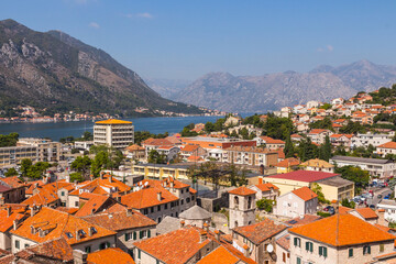 Naklejka na ściany i meble View of the city of Kotor from a high point on a sunny summer day. Montenegro 
