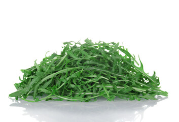 Fresh fragrant green arugula leaves isolated on white