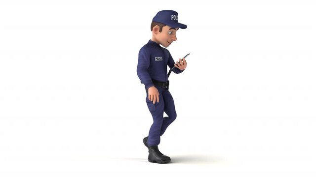 Fun 3D cartoon police man walking with a smartphone