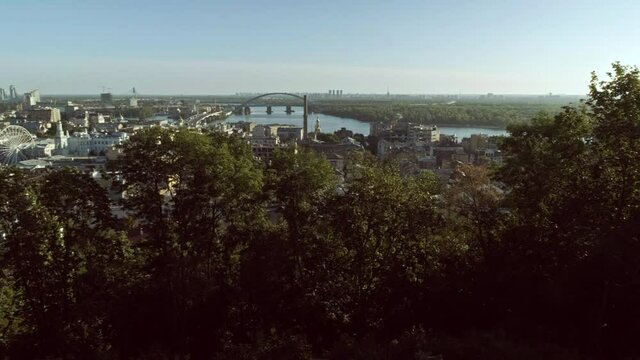 Pan across Podil district of Kiev in autumn