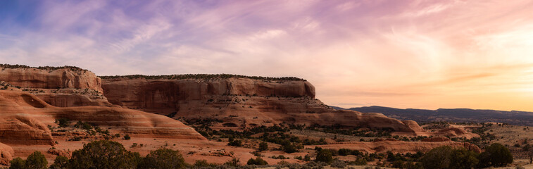 Panoramic American Landscape view of red rock canyon formations . Sunset sky Art Render. Utah, United States. Nature Background Panorama