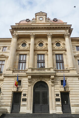 BNR Palace. National Bank of Romania, built between 1883-1900, Bucharest, Romania. Photo during the day.