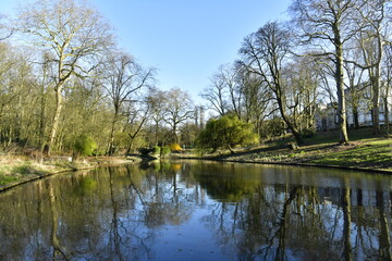 Fototapeta na wymiar L'effet miroir d'un des étangs en fin de journée au parc Josaphat à Schaerbeek