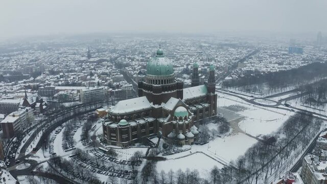 Aerial view of Basilique National du Sacre Coeur a Koekelberg during wintertime, Koekelberg, Brussel, Belgium.