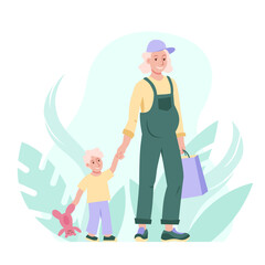 Happy pregnant woman standing with her toddler child cute cartoon style vector illustration. Active pregnancy, motherhood concept.