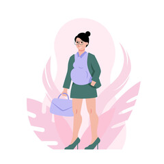 Happy pregnant business woman standing cute cartoon style vector illustration. Active pregnancy, motherhood concept.